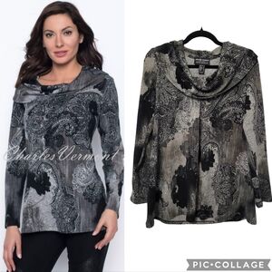 Frank Lyman Women's Cowl Neck Tunic Top Size 8 Black Charcoal Grey Paisley